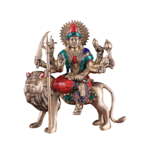 Goddess Durga Brass Idol 9 Inch with Stonework | Handcrafted Pure Brass | Golden Finish | Natural Stones | Protection from Evil | Invite Prosperity | Carved Perfection
